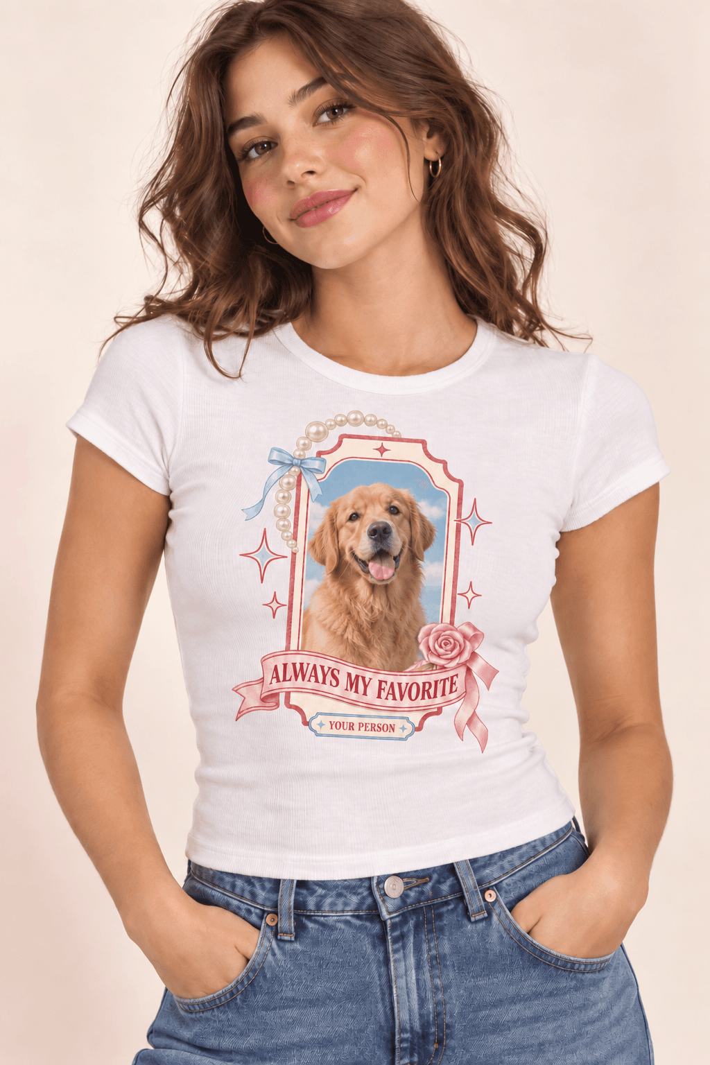 Personalized photo baby tee with original coquette frame and generic pet example