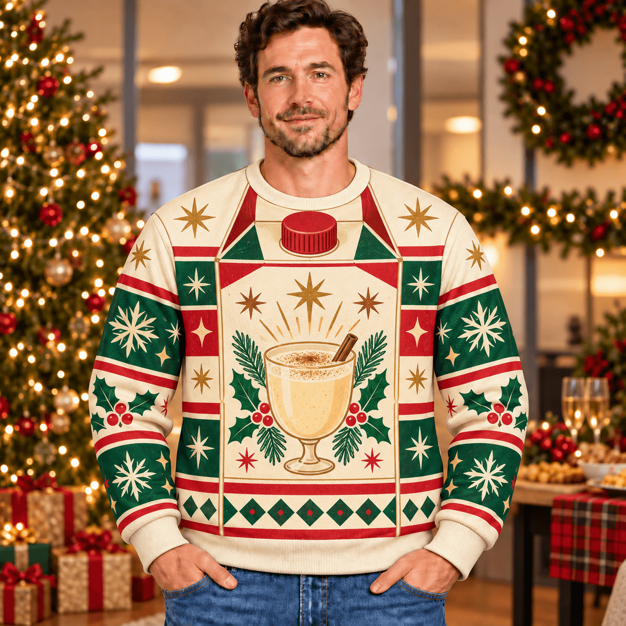 Eggnog Energy funny ugly Christmas sweatshirt with flat printed vintage eggnog-carton illusion