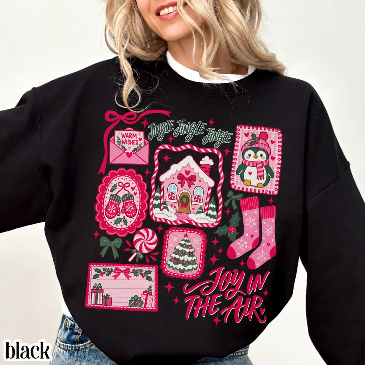 Pink Christmas Sweatshirt Tis The Season Xmas Sweater Cute Girly Holiday Womens Pullover Candy Cane Bow Santa Tee Winter Crewneck