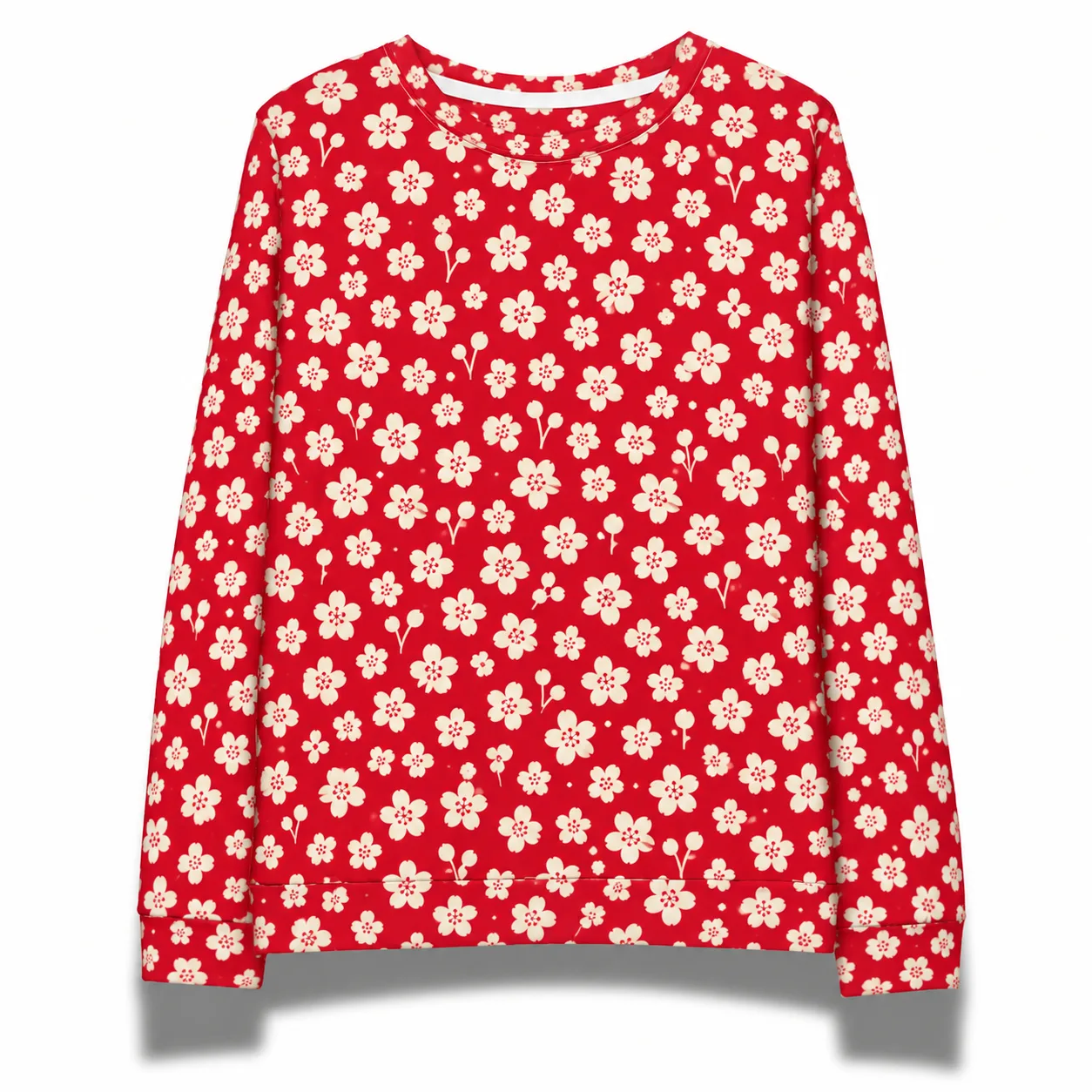 All Over Print Unisex Cotton Sweatshirt, Vintage Japanese floral Pattern Pullover, Christmas Gift for Him, Festive Red Top, Cozy Streetwear