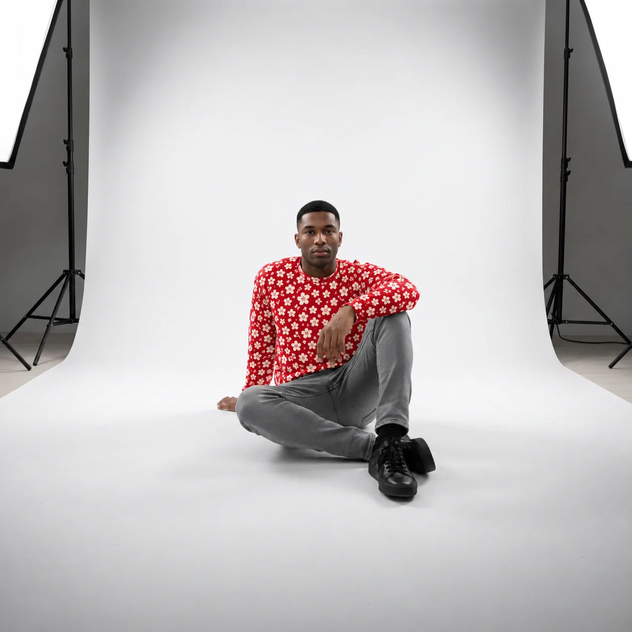 All Over Print Unisex Cotton Sweatshirt, Vintage Japanese floral Pattern Pullover, Christmas Gift for Him, Festive Red Top, Cozy Streetwear