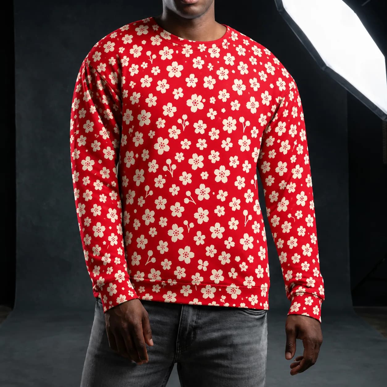All Over Print Unisex Cotton Sweatshirt, Vintage Japanese floral Pattern Pullover, Christmas Gift for Him, Festive Red Top, Cozy Streetwear
