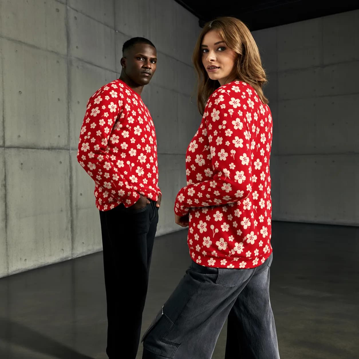 All Over Print Unisex Cotton Sweatshirt, Vintage Japanese floral Pattern Pullover, Christmas Gift for Him, Festive Red Top, Cozy Streetwear