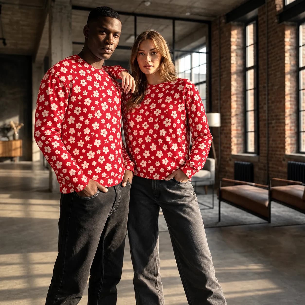 All Over Print Unisex Cotton Sweatshirt, Vintage Japanese floral Pattern Pullover, Christmas Gift for Him, Festive Red Top, Cozy Streetwear
