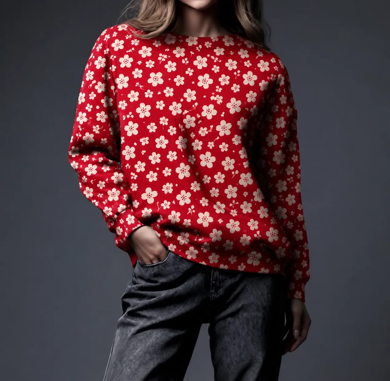 All Over Print Unisex Cotton Sweatshirt, Vintage Japanese floral Pattern Pullover, Christmas Gift for Him, Festive Red Top, Cozy Streetwear