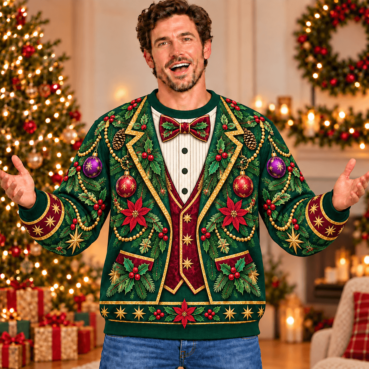Glitter Garland Gentleman Christmas sweatshirt with flat printed deep green gold red and violet garland-suit illusion