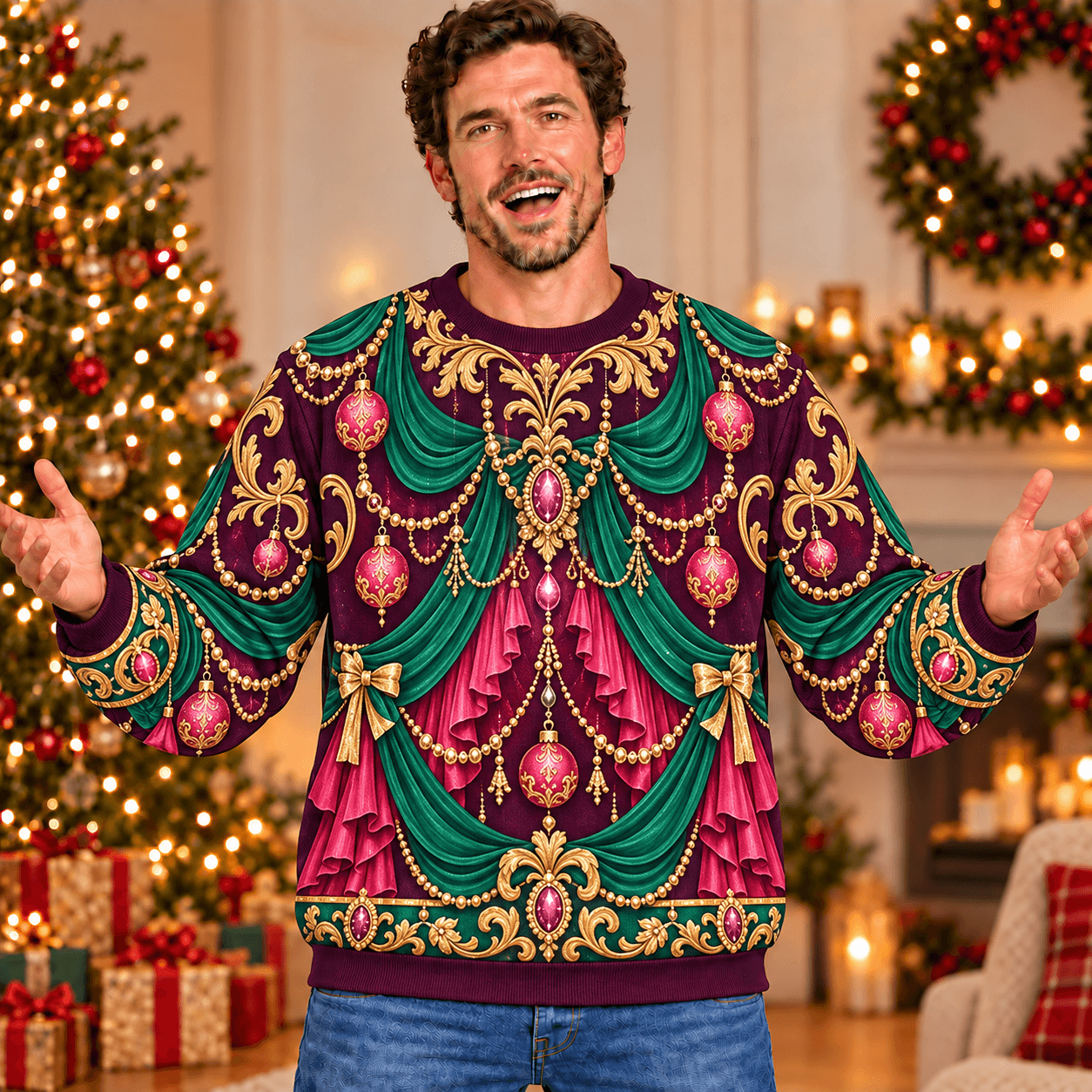 Glitter Garland Glam Christmas sweatshirt with flat printed deep plum emerald gold and pink gala-gown illusion