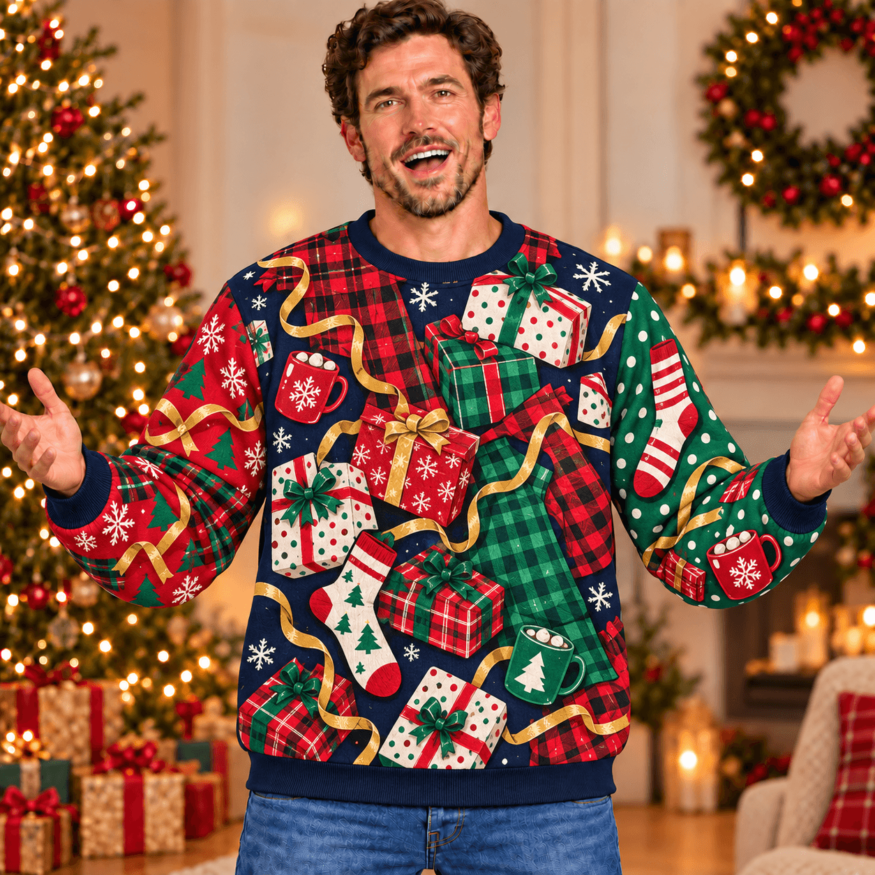 Christmas Morning Chaos funny sweatshirt with flat printed navy plaid gifts mugs and socks illusion