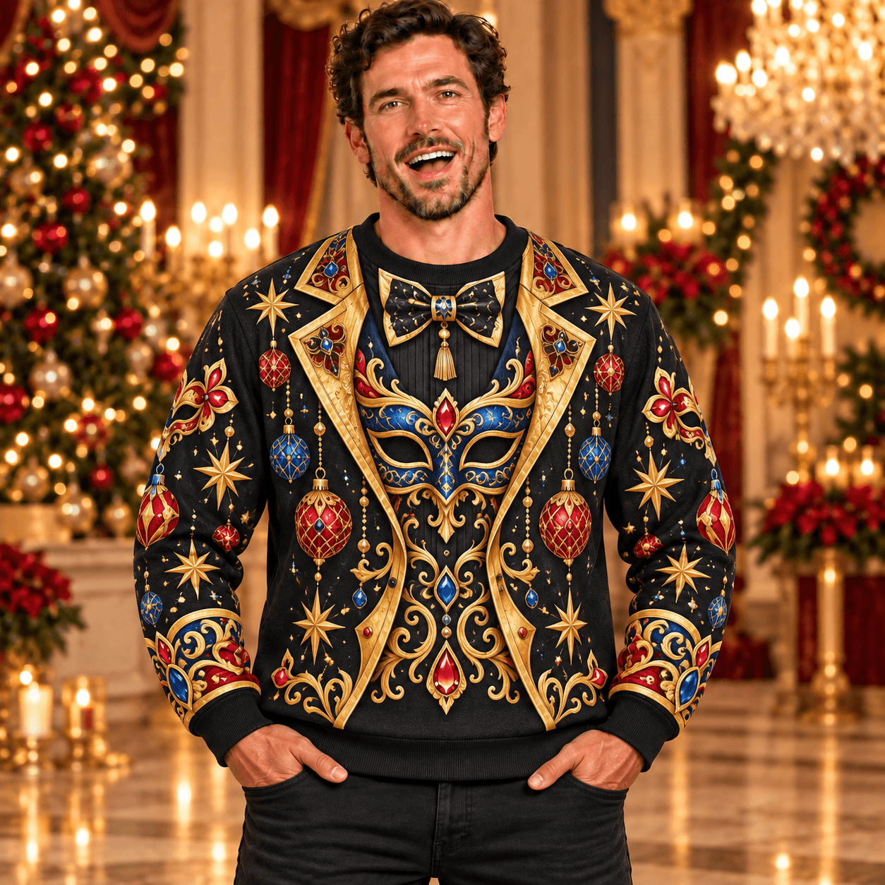 Midnight Ornament Ball Christmas sweatshirt with flat printed black gold sapphire and ruby masquerade-tuxedo illusion
