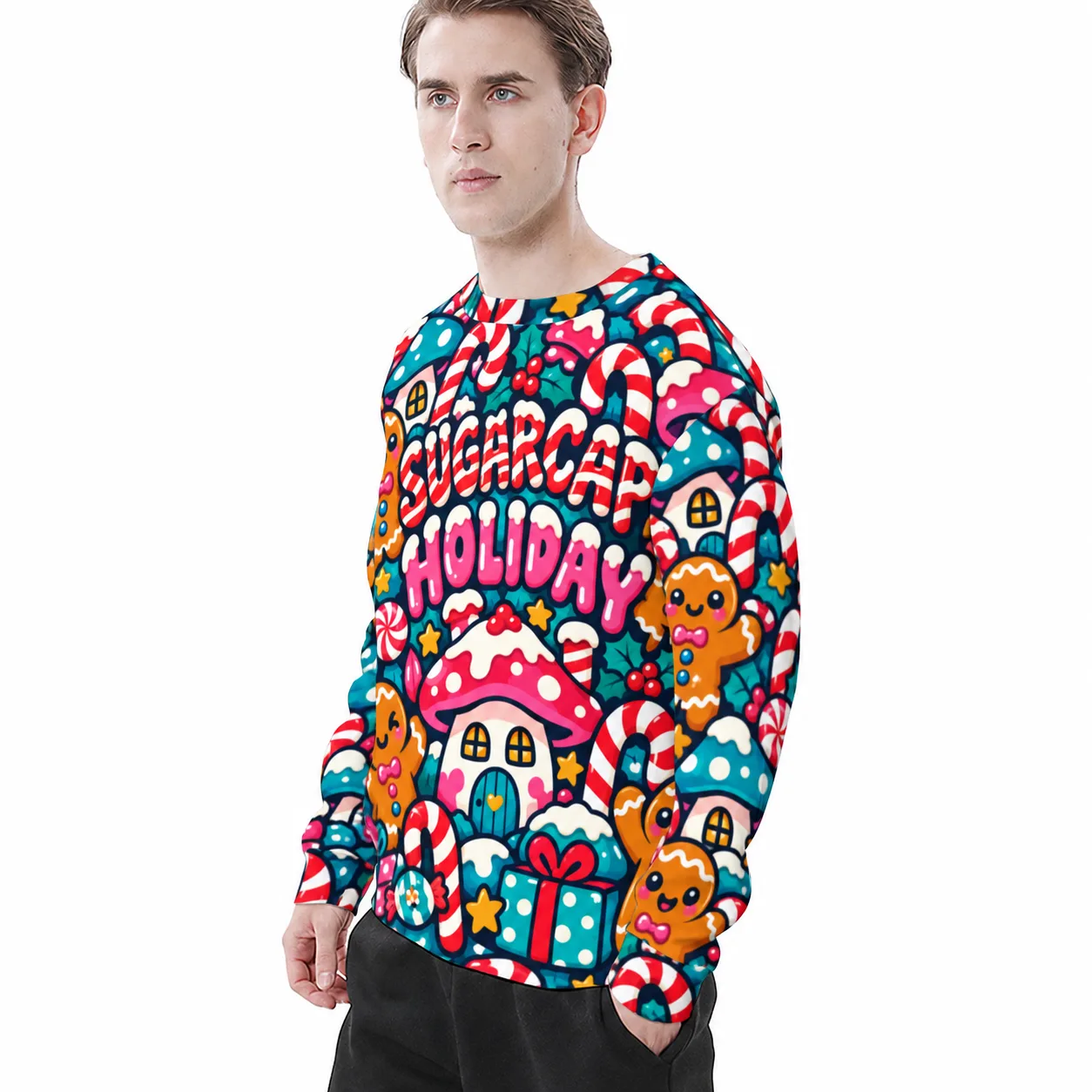 Kawaii Gingerbread Mushroom Sweatshirt, Doodle Holiday Crewneck