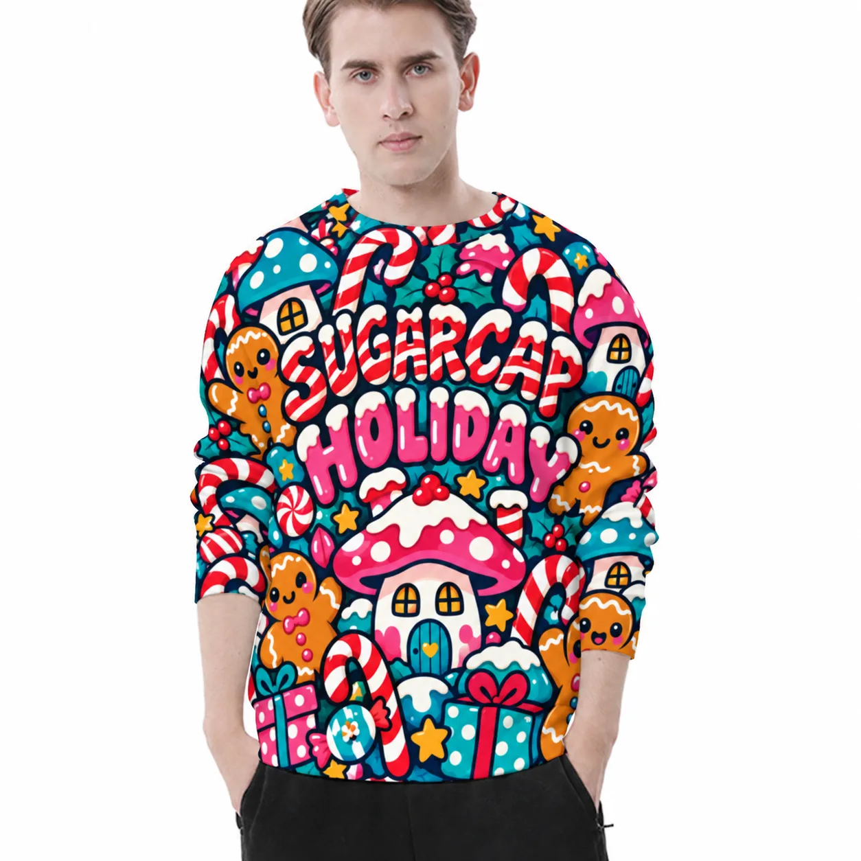 Kawaii Gingerbread Mushroom Sweatshirt, Doodle Holiday Crewneck