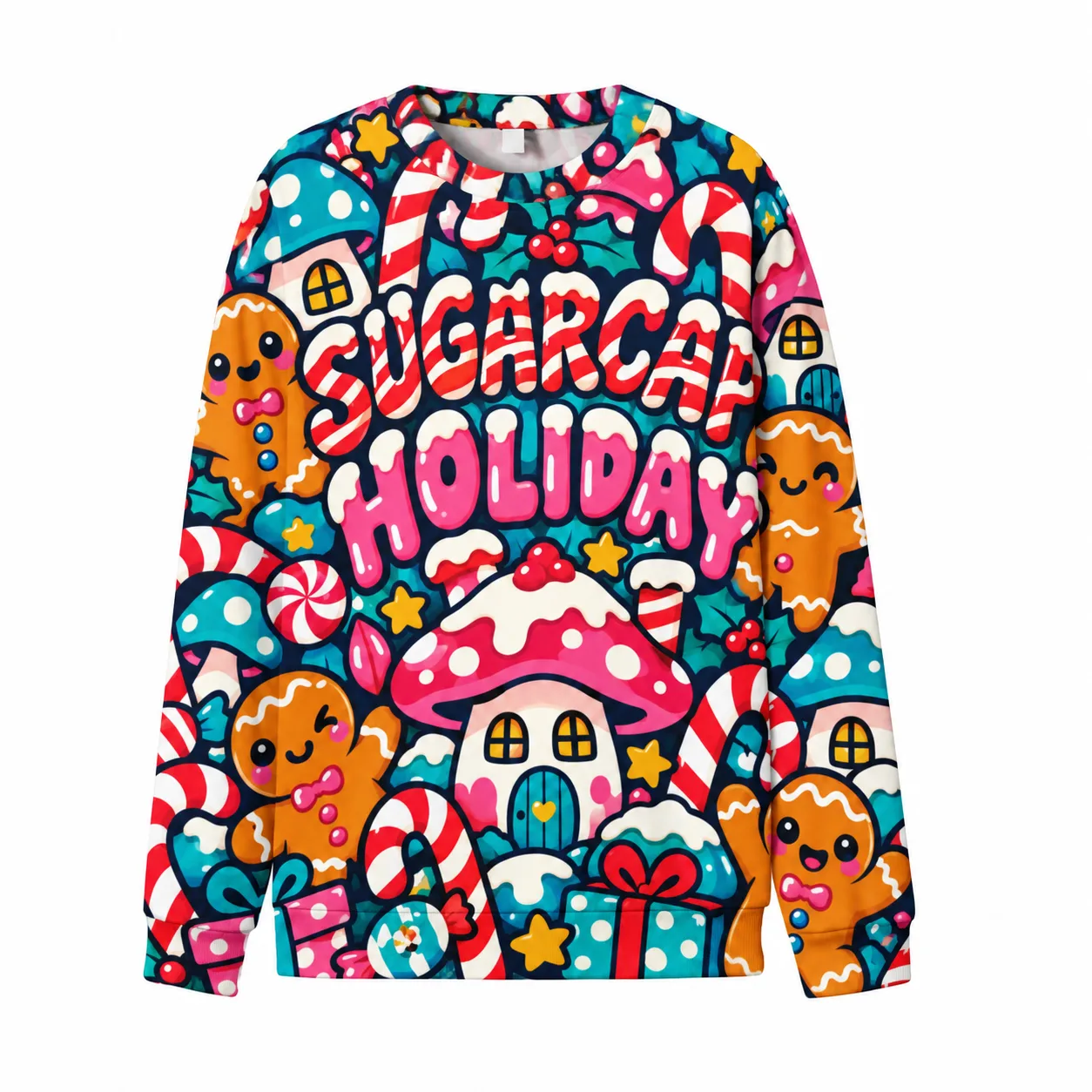 Kawaii Gingerbread Mushroom Sweatshirt, Doodle Holiday Crewneck