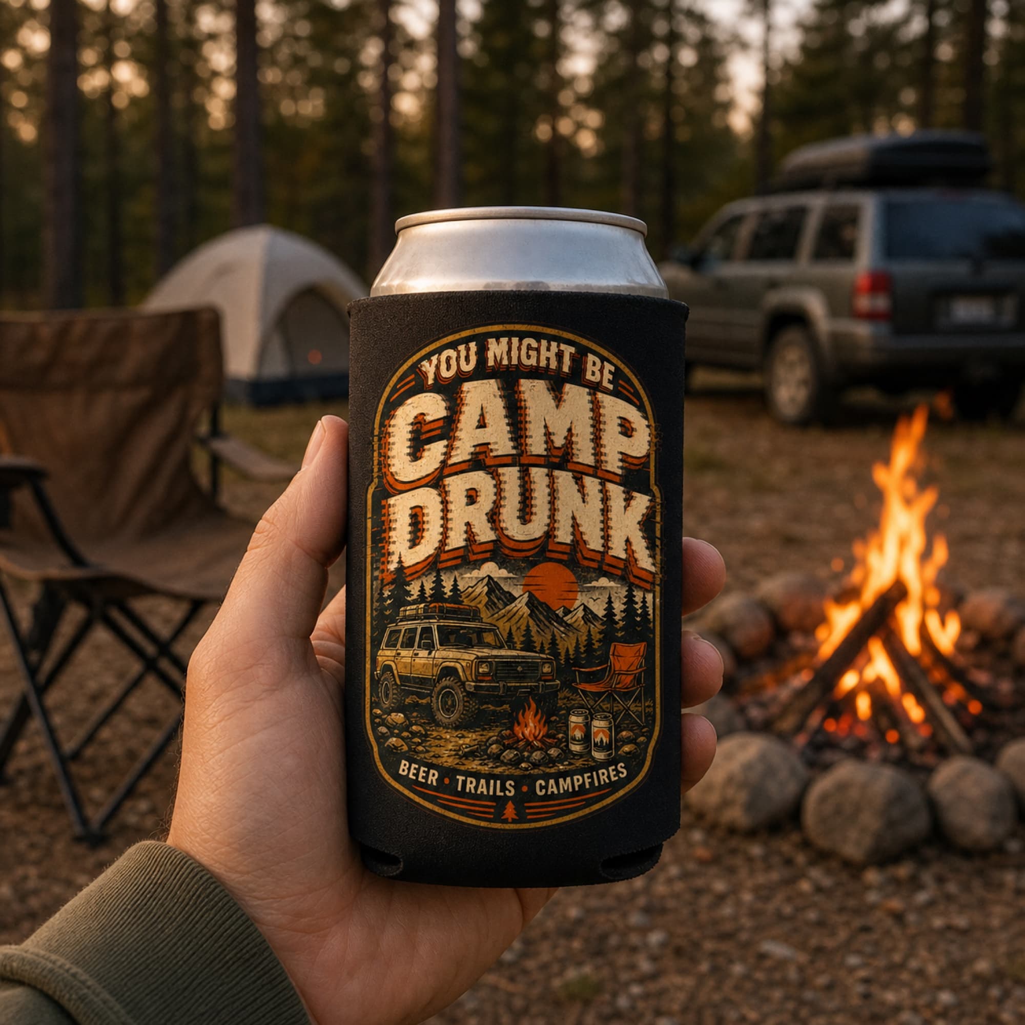 Funny blurred-text can cooler at an outdoor campsite