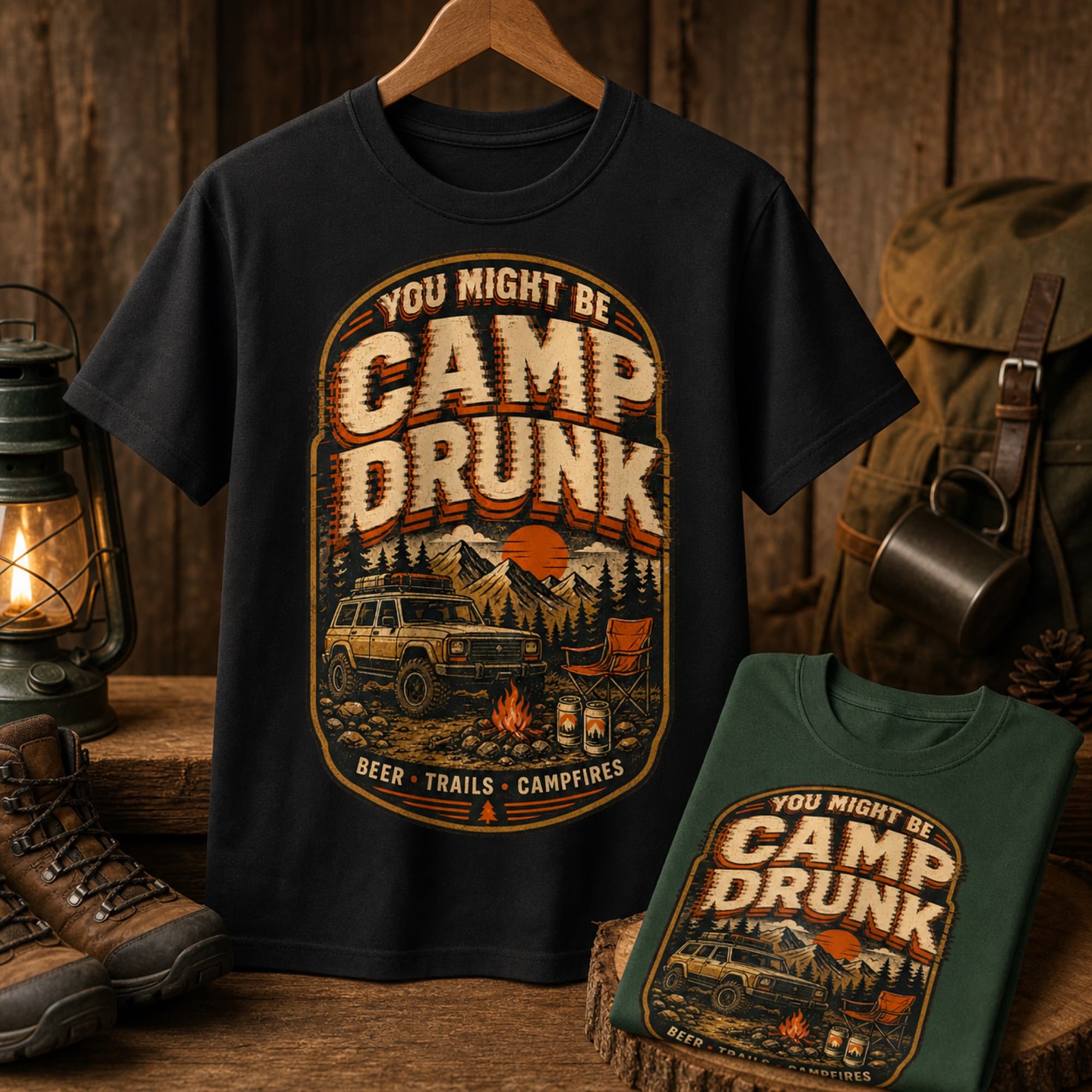 Camp Drunk funny camping T-shirt with intentionally blurred design