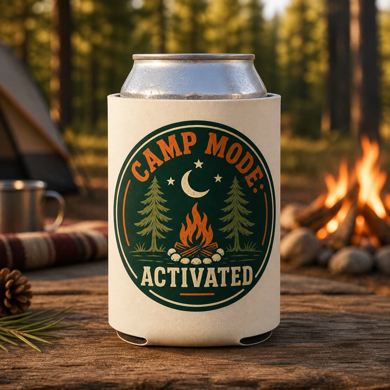Camp Mode Activated can cooler at a warm outdoor campsite