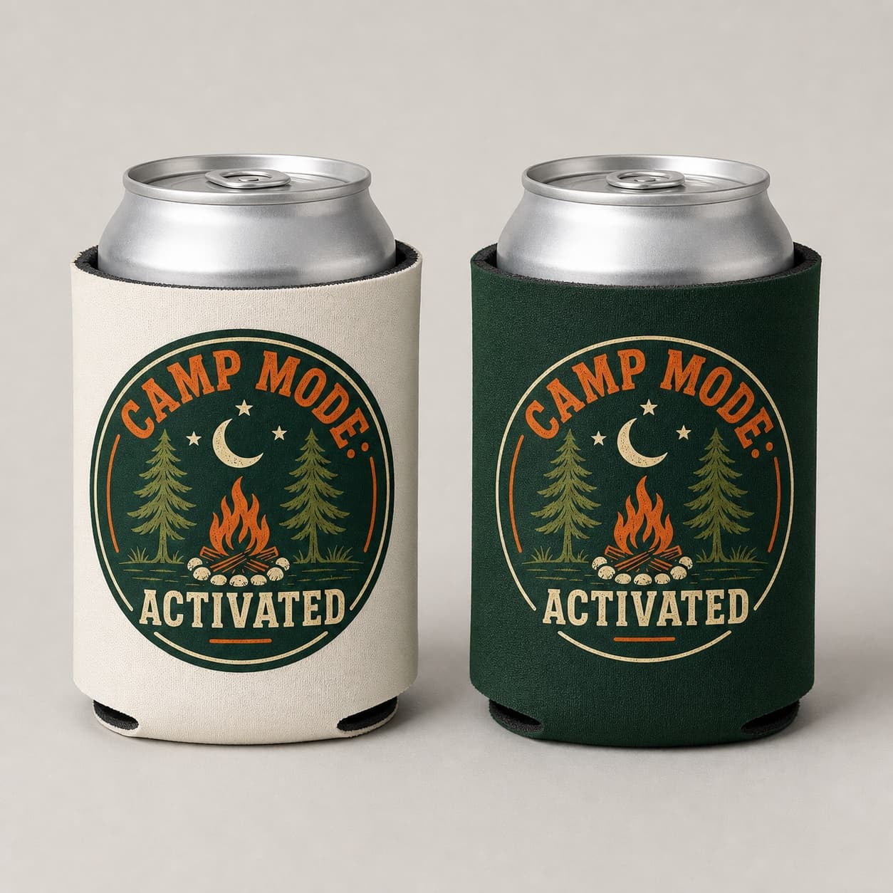 Camp Mode Activated can cooler in ivory and forest green