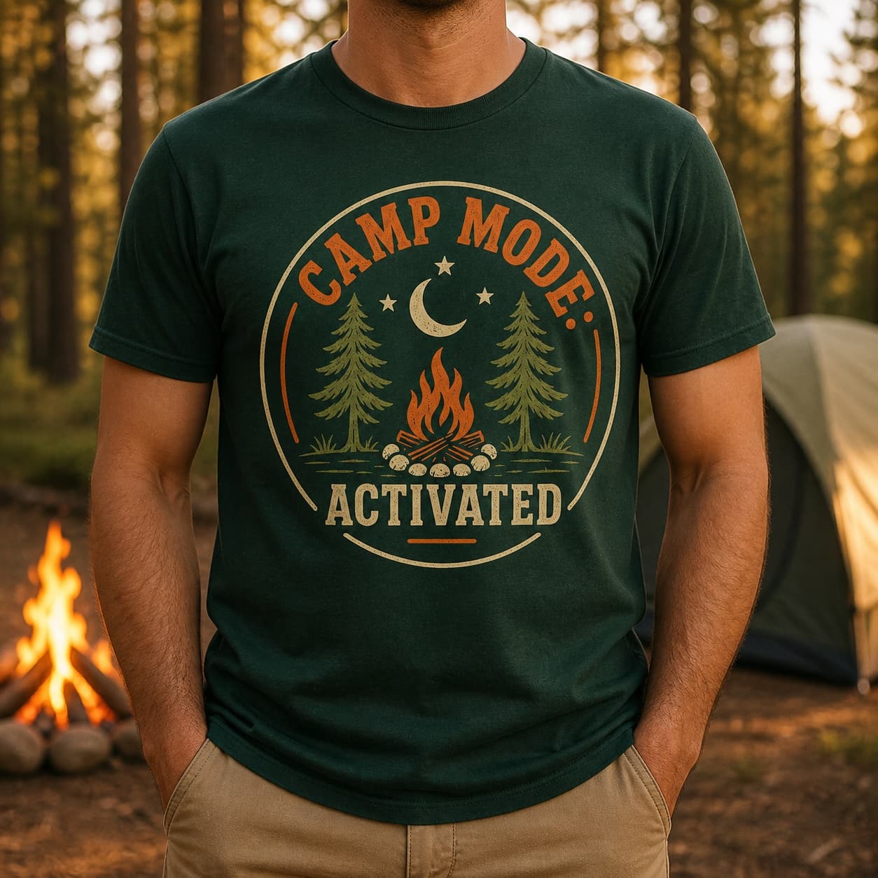 Camp Mode Activated forest green camping T-shirt at a campsite