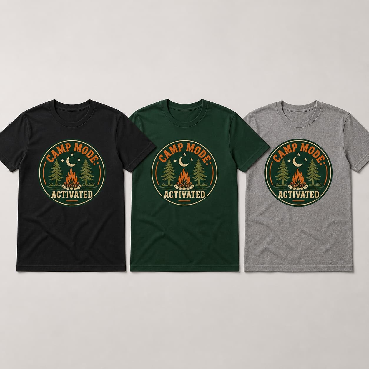 Camp Mode Activated camping shirts in black forest green and heather gray