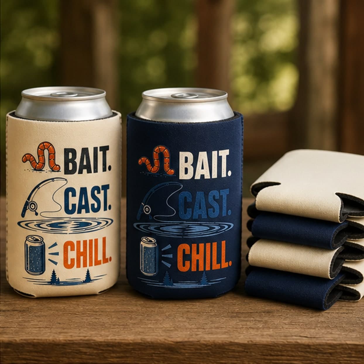 Warm cream and deep navy fishing can cooler pack options