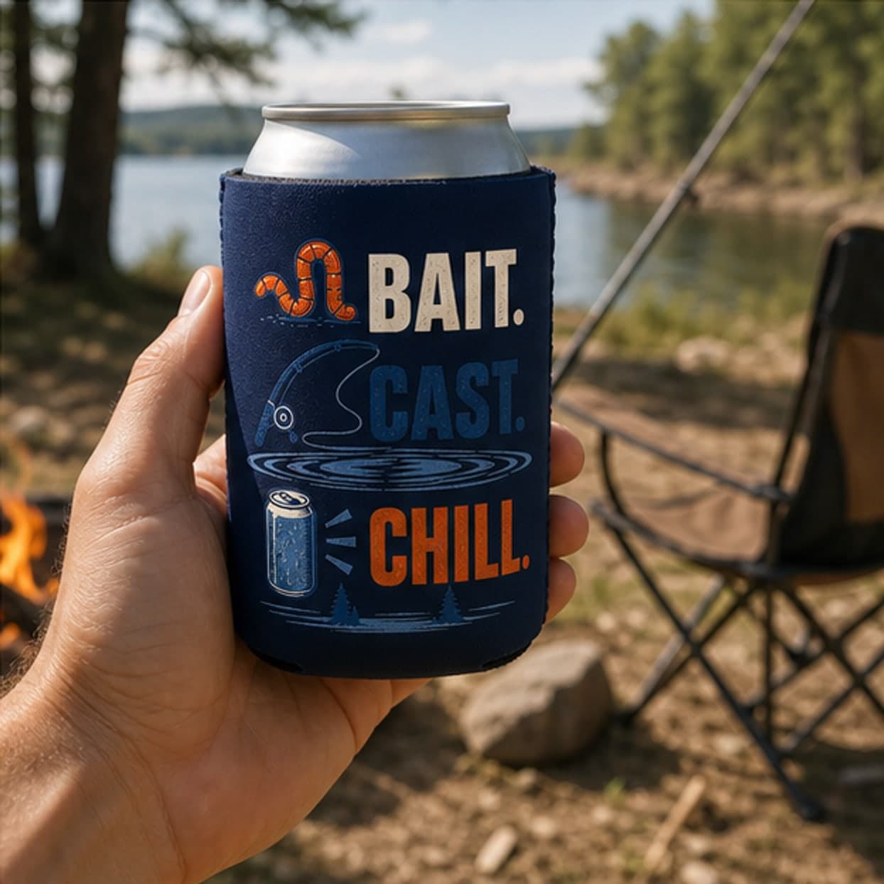 Fishing can cooler held at a relaxed lakeside camp