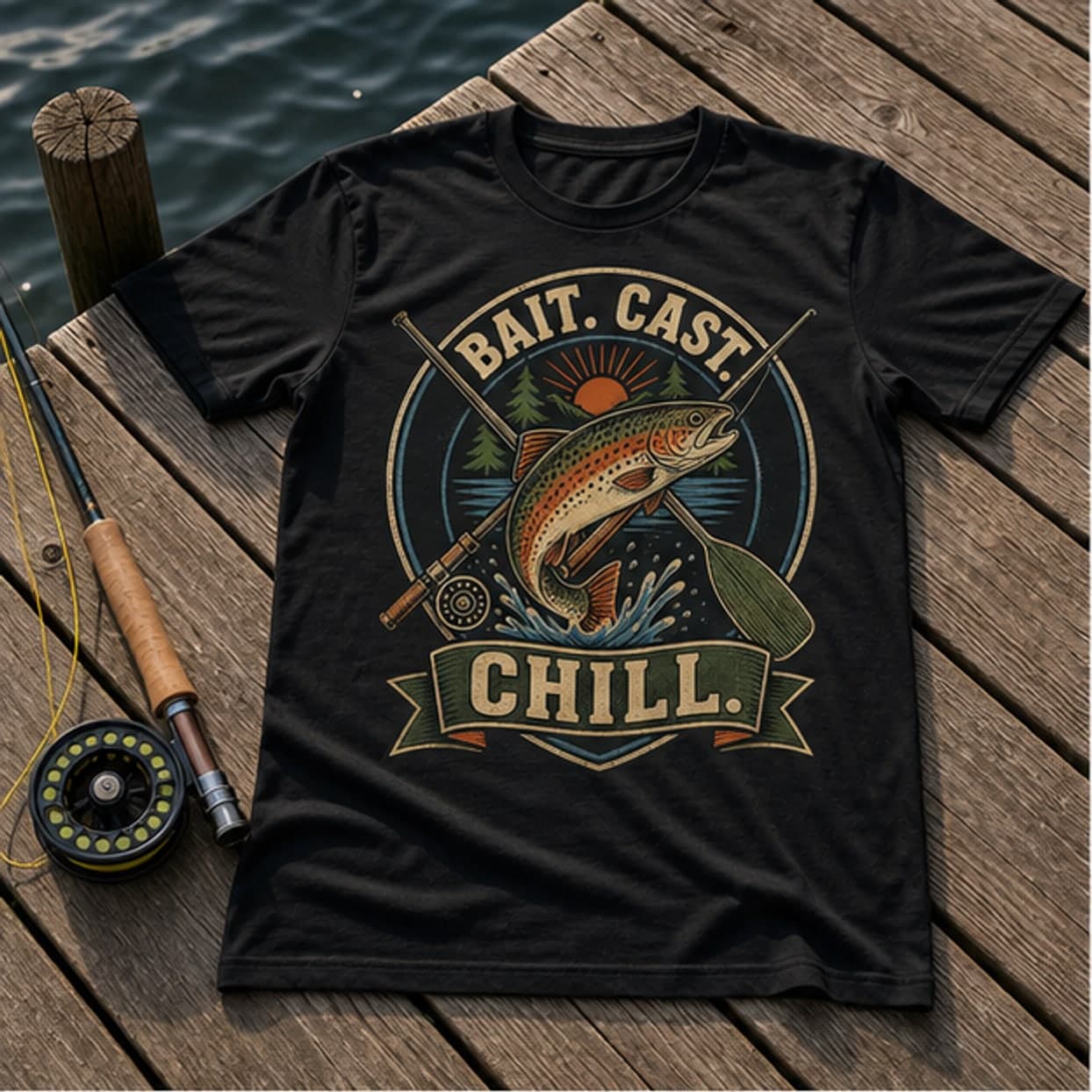 Bait Cast Chill fishing T-shirt on a river dock
