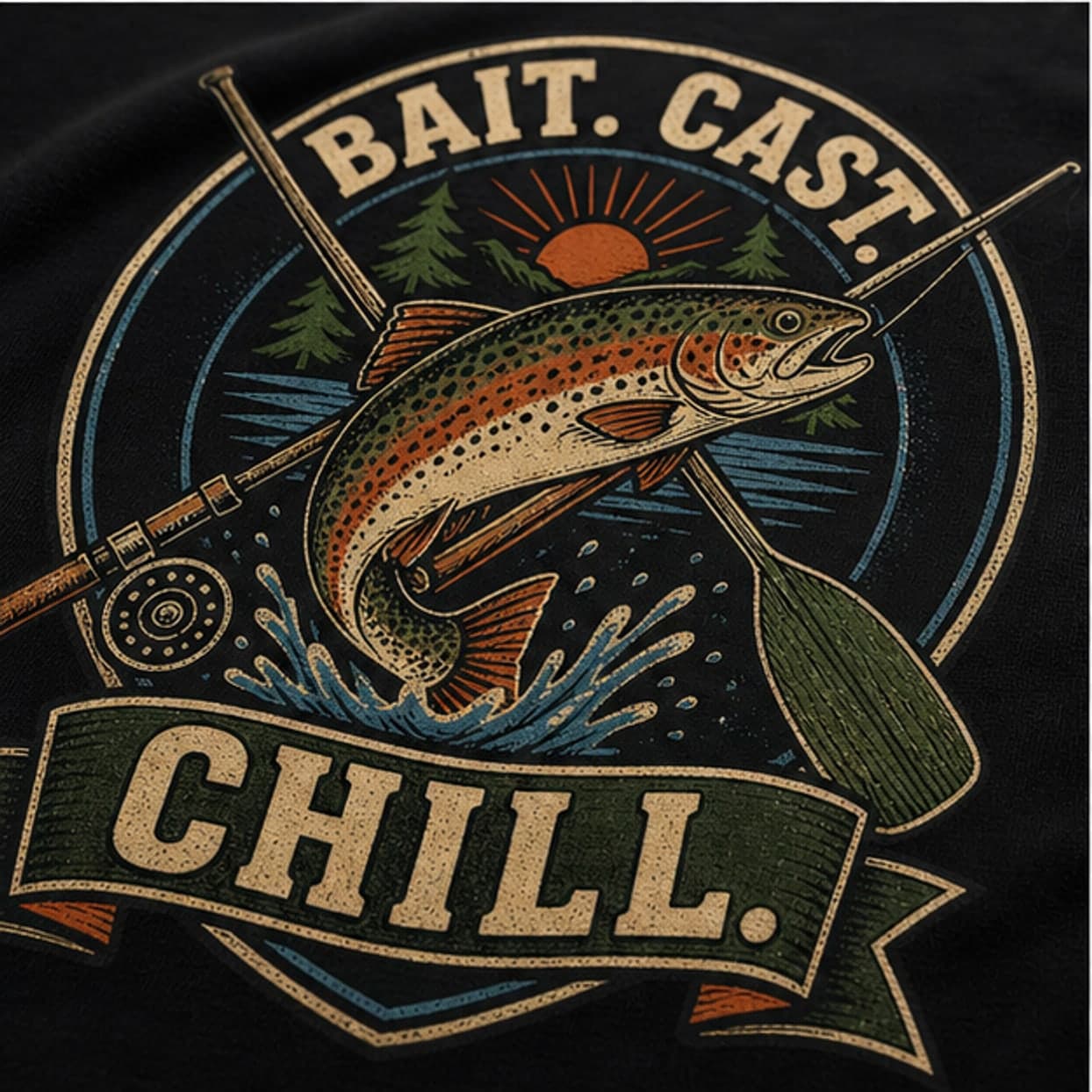 Close-up of original trout fishing badge print