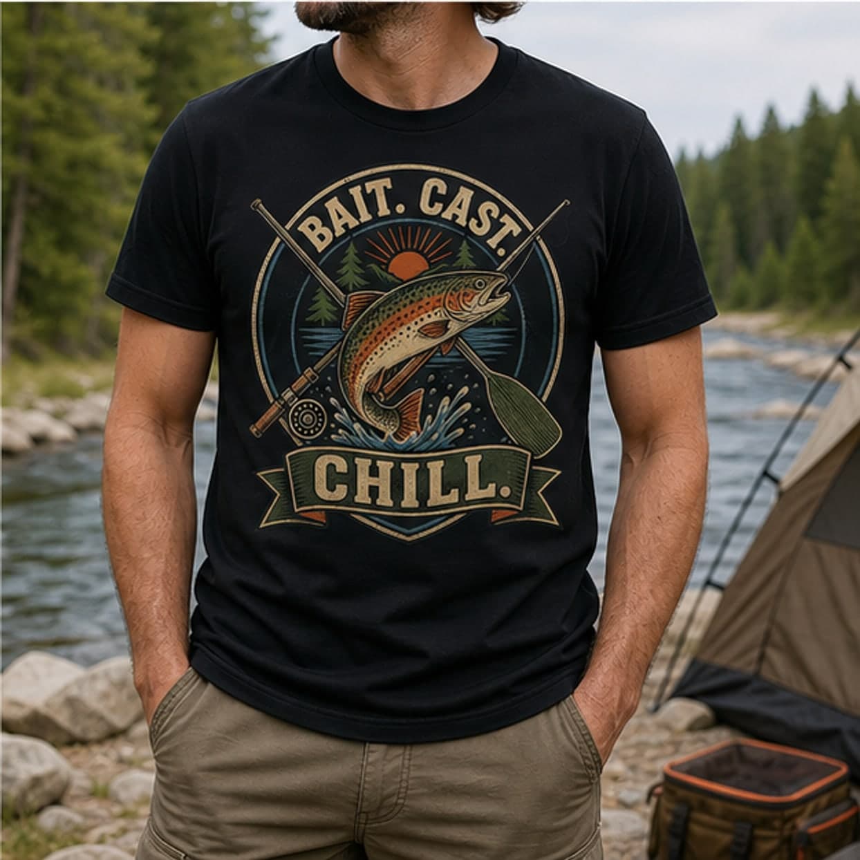 Angler wearing Bait Cast Chill shirt at a river campsite