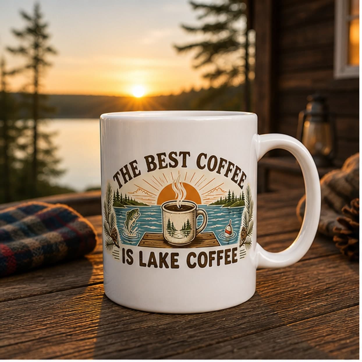 The Best Coffee Is Lake Coffee mug at a sunrise cabin