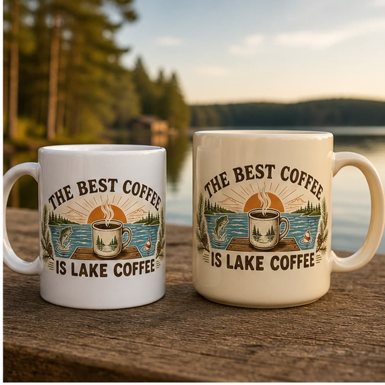 White 11 oz and warm cream 15 oz lake coffee mugs