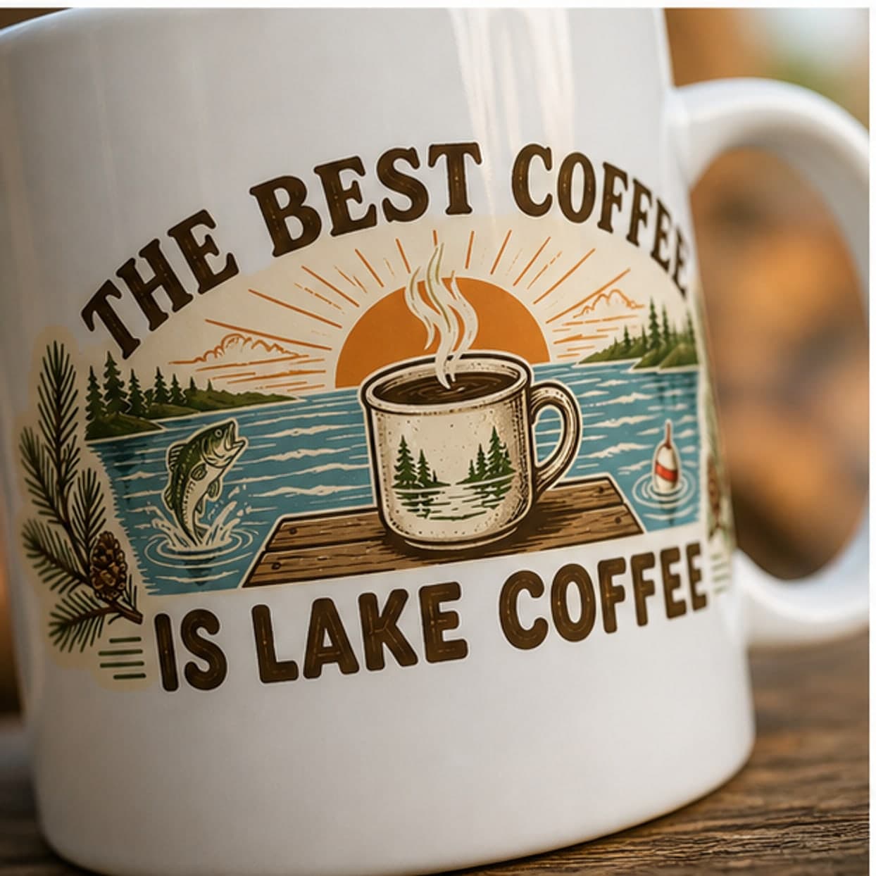 Close-up of original lake coffee ceramic mug artwork