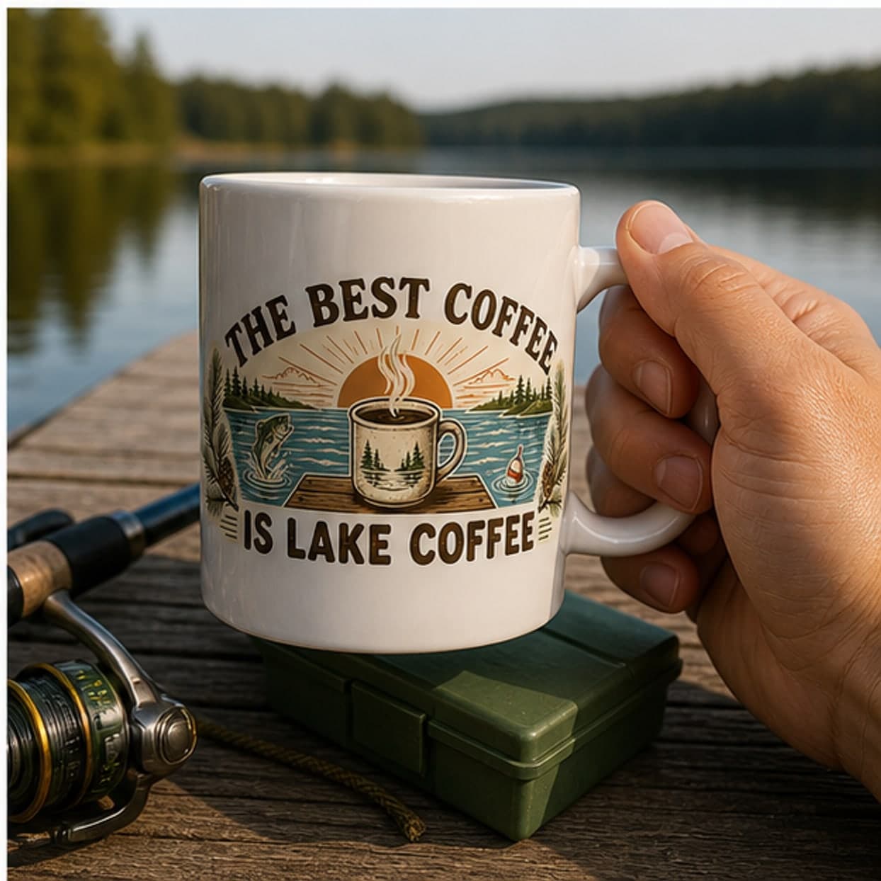 Lake coffee mug held on a dock beside fishing gear