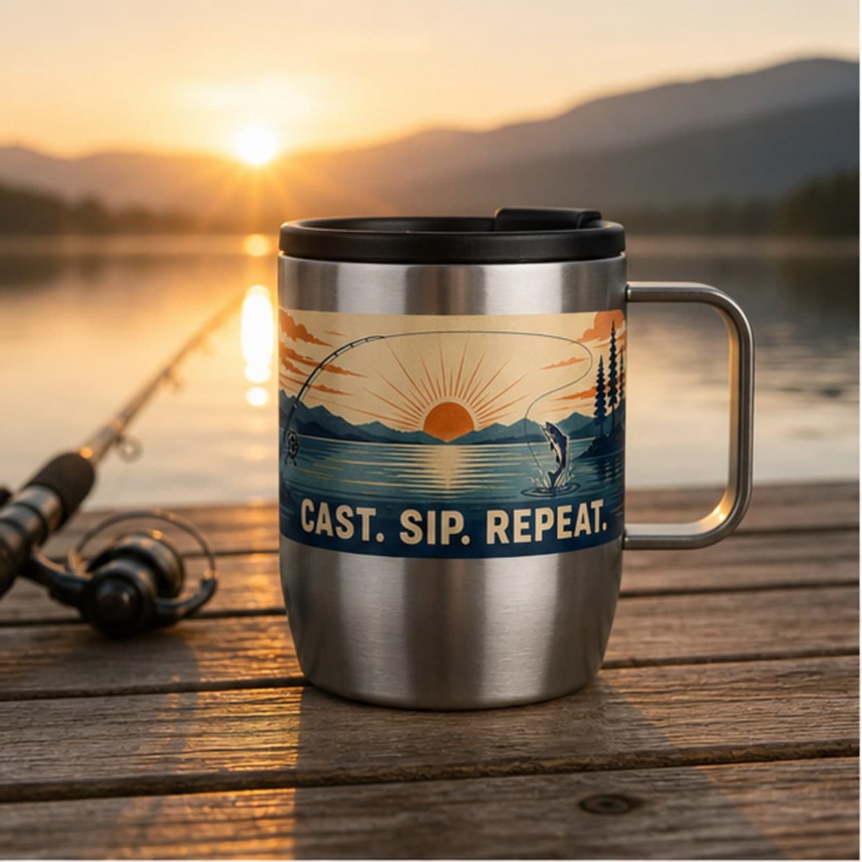 Cast Sip Repeat fishing travel mug on a sunrise dock