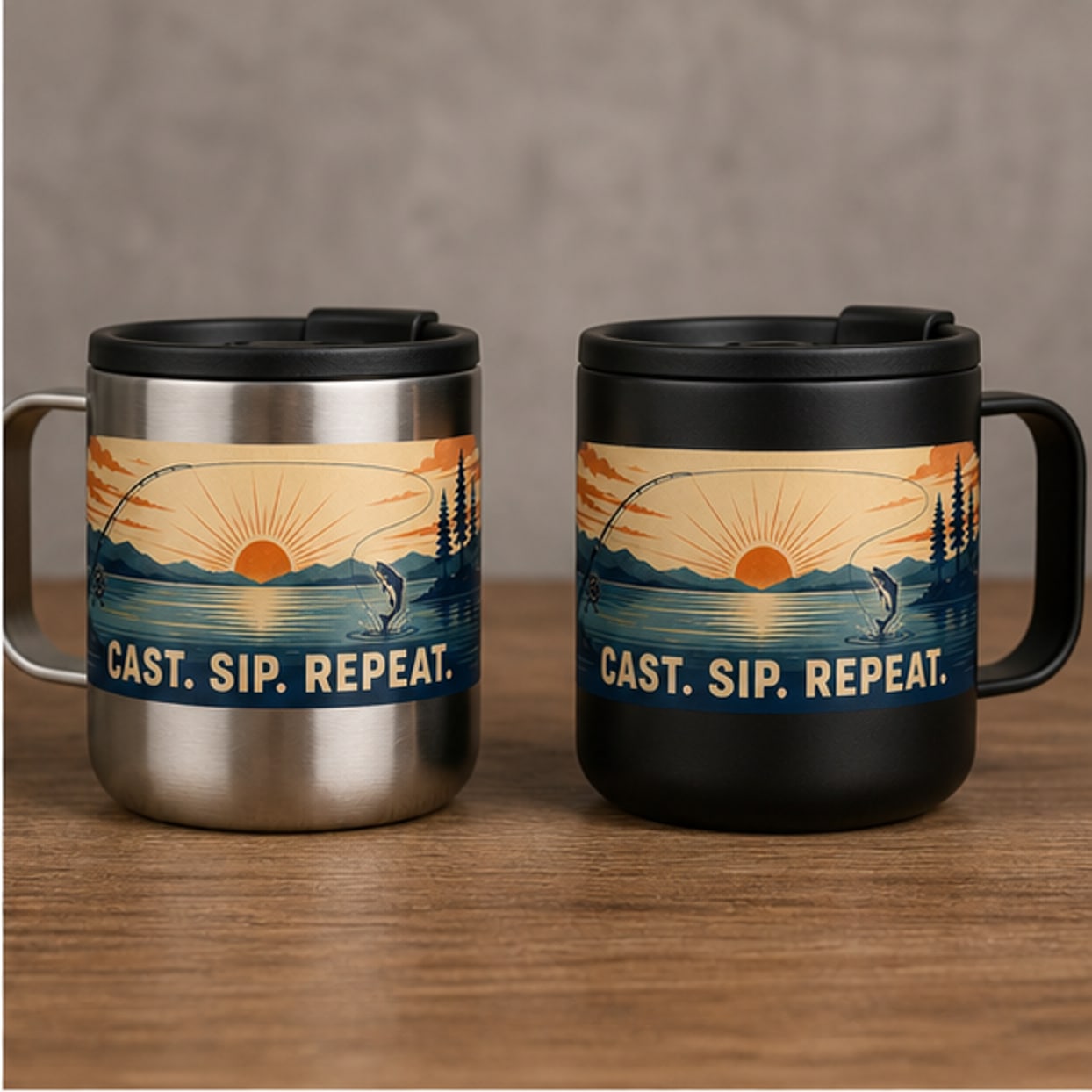 Stainless and black 14 oz fishing travel mug options