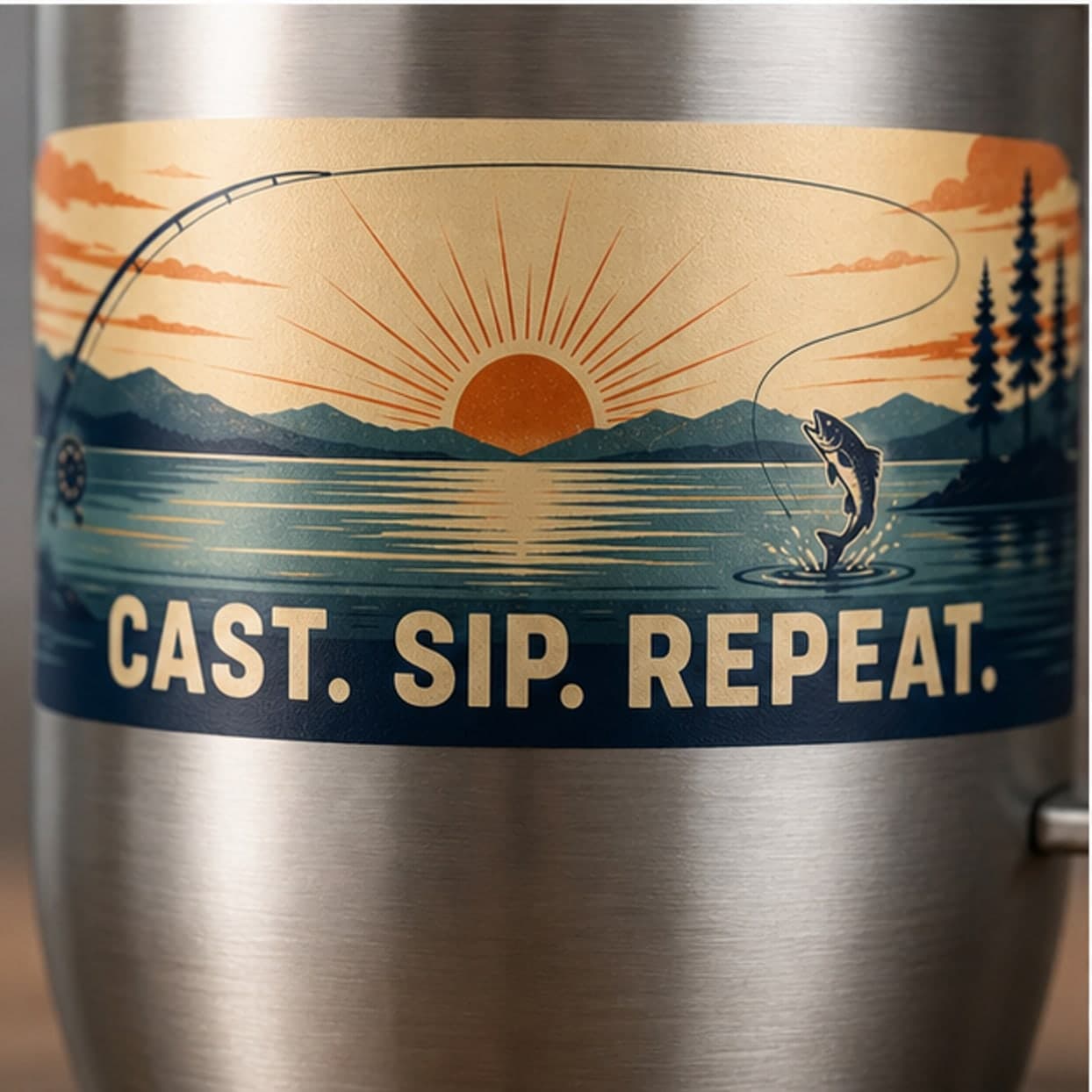 Close-up of Cast Sip Repeat panoramic lake artwork
