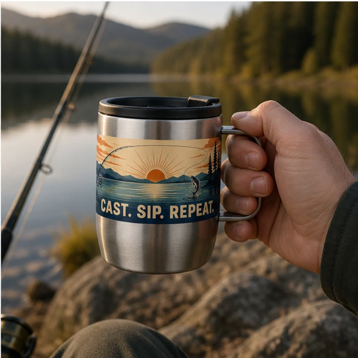 Fishing travel mug held beside a calm mountain lake
