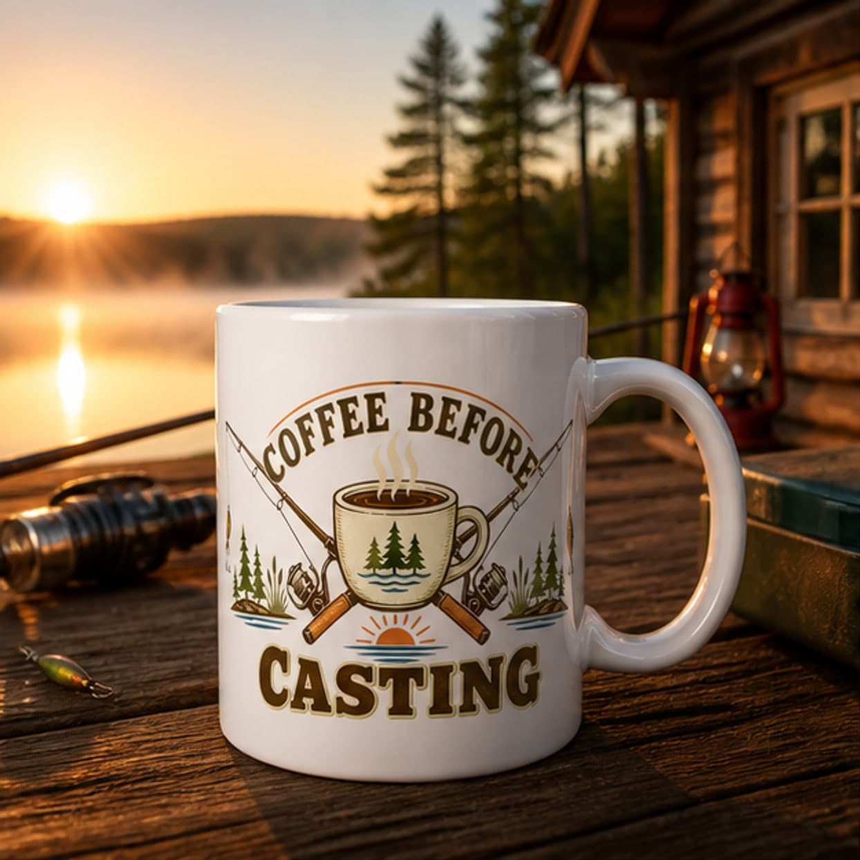 Coffee Before Casting fishing mug at a sunrise cabin