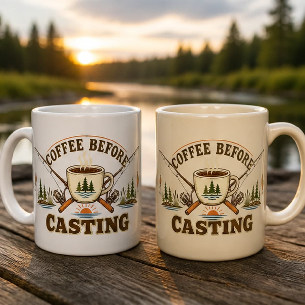 White 11 oz and warm cream 15 oz fishing coffee mugs