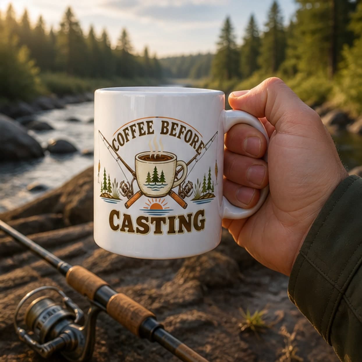 Fishing coffee mug held beside a morning river