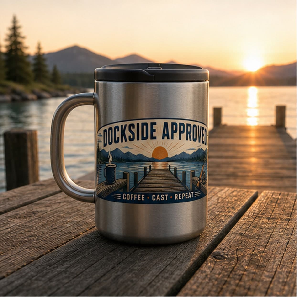 Dockside Approved travel mug on a sunrise dock