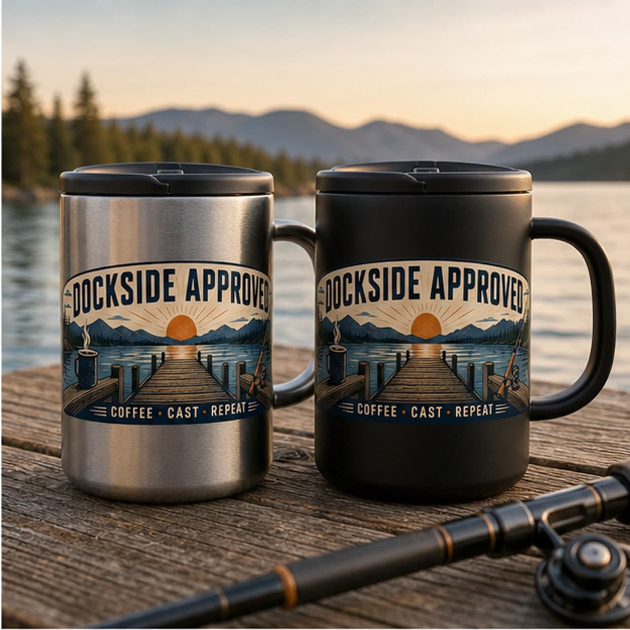 Stainless and black 14 oz Dockside Approved mugs