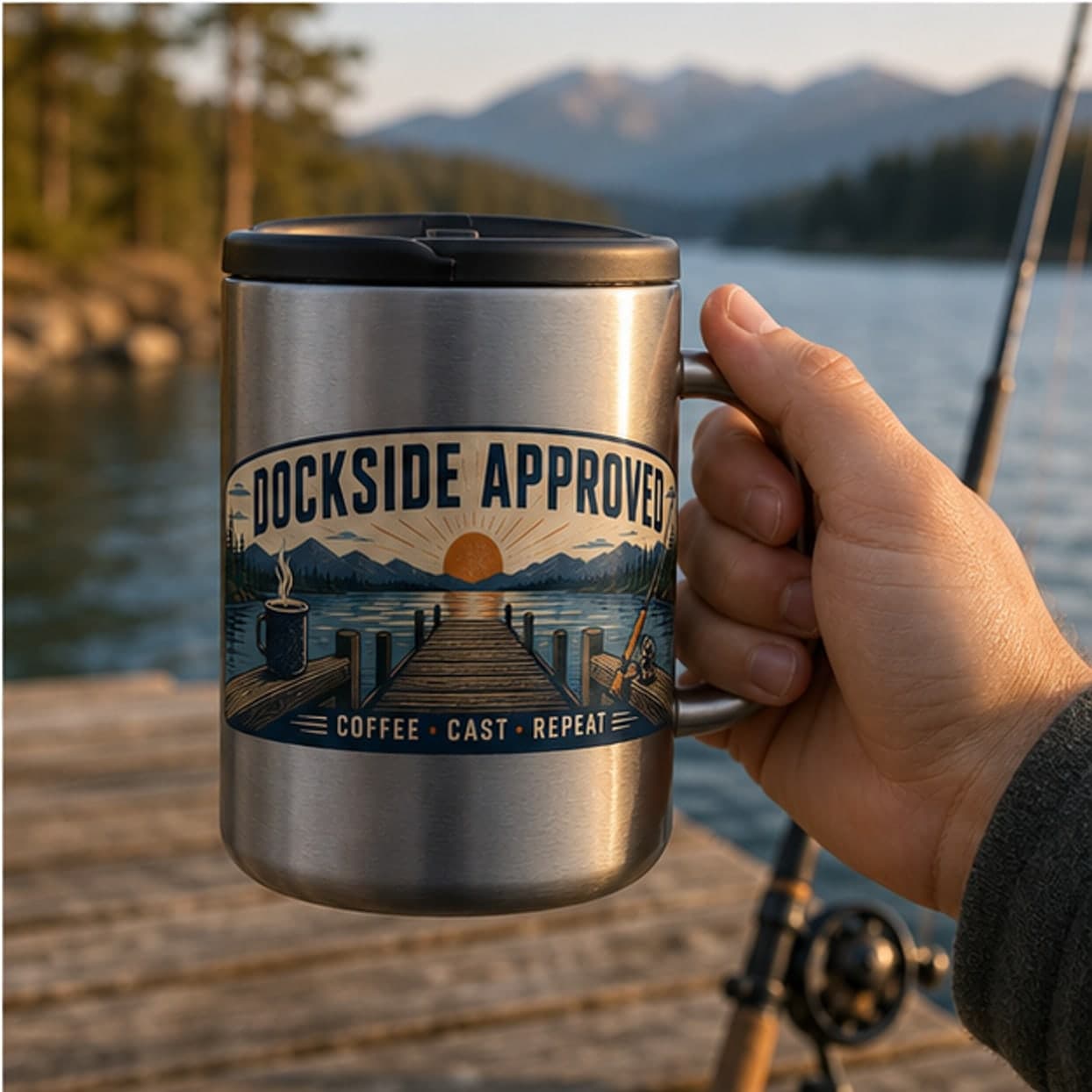 Dockside Approved fishing mug held at a mountain lake