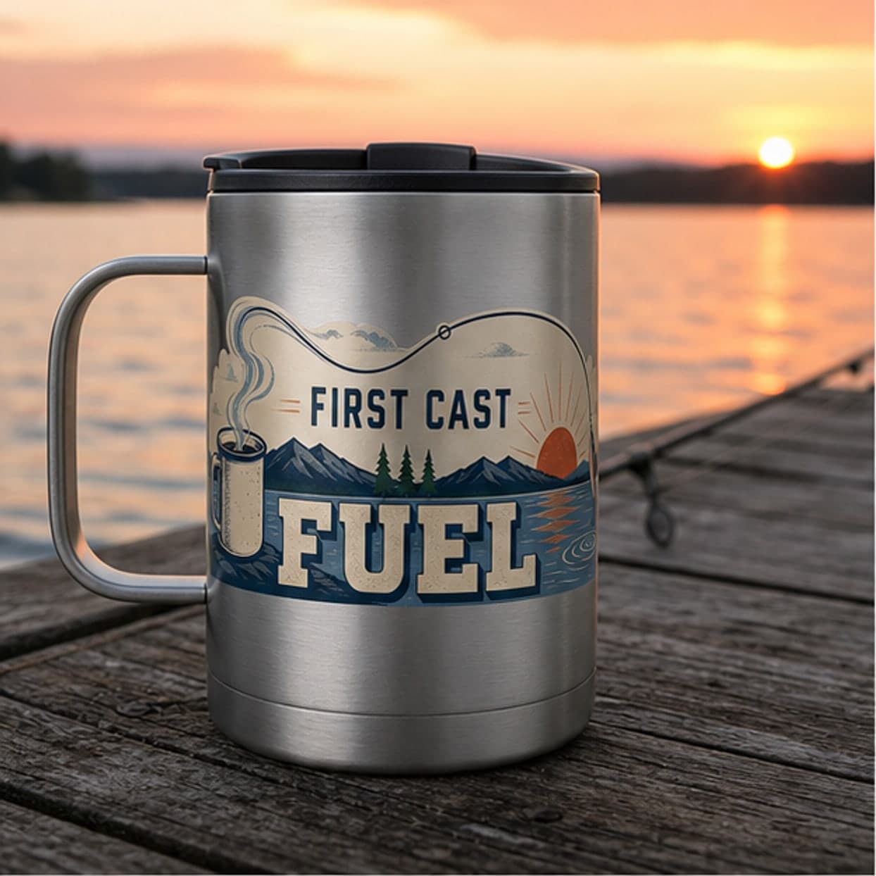 First Cast Fuel fishing travel mug on a dawn dock