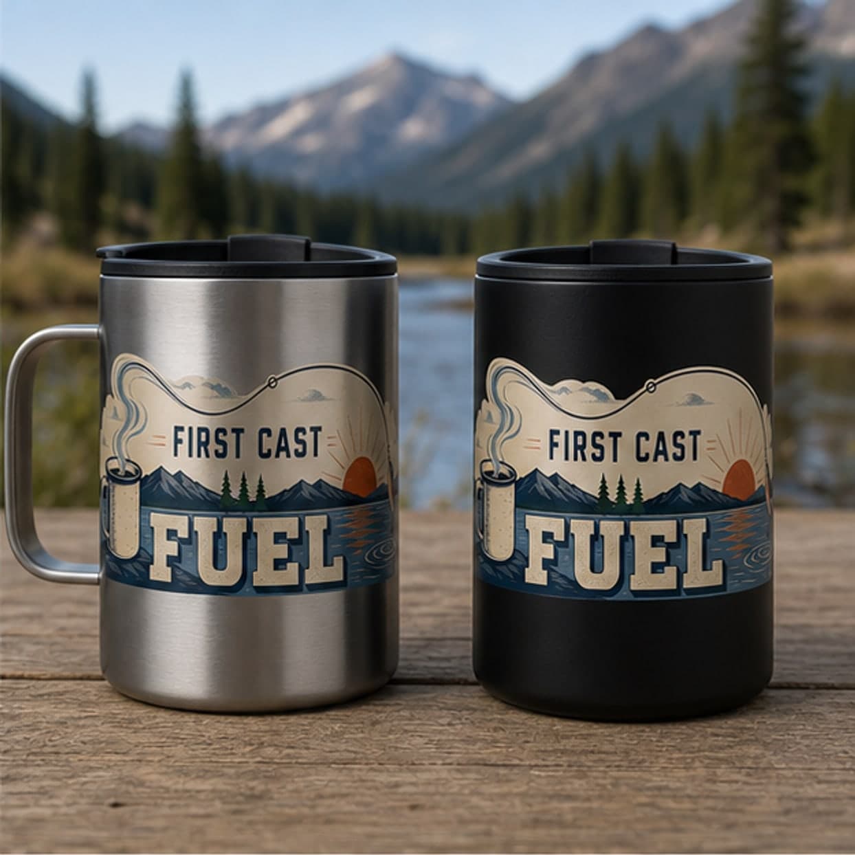 Stainless and black 14 oz First Cast Fuel travel mugs