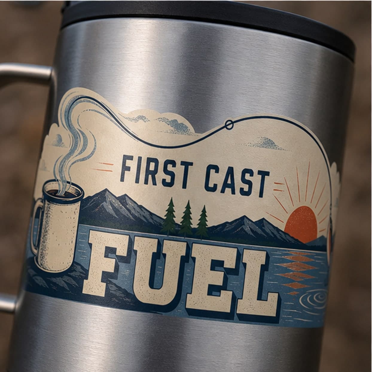 Close-up of coffee and fishing line travel mug artwork