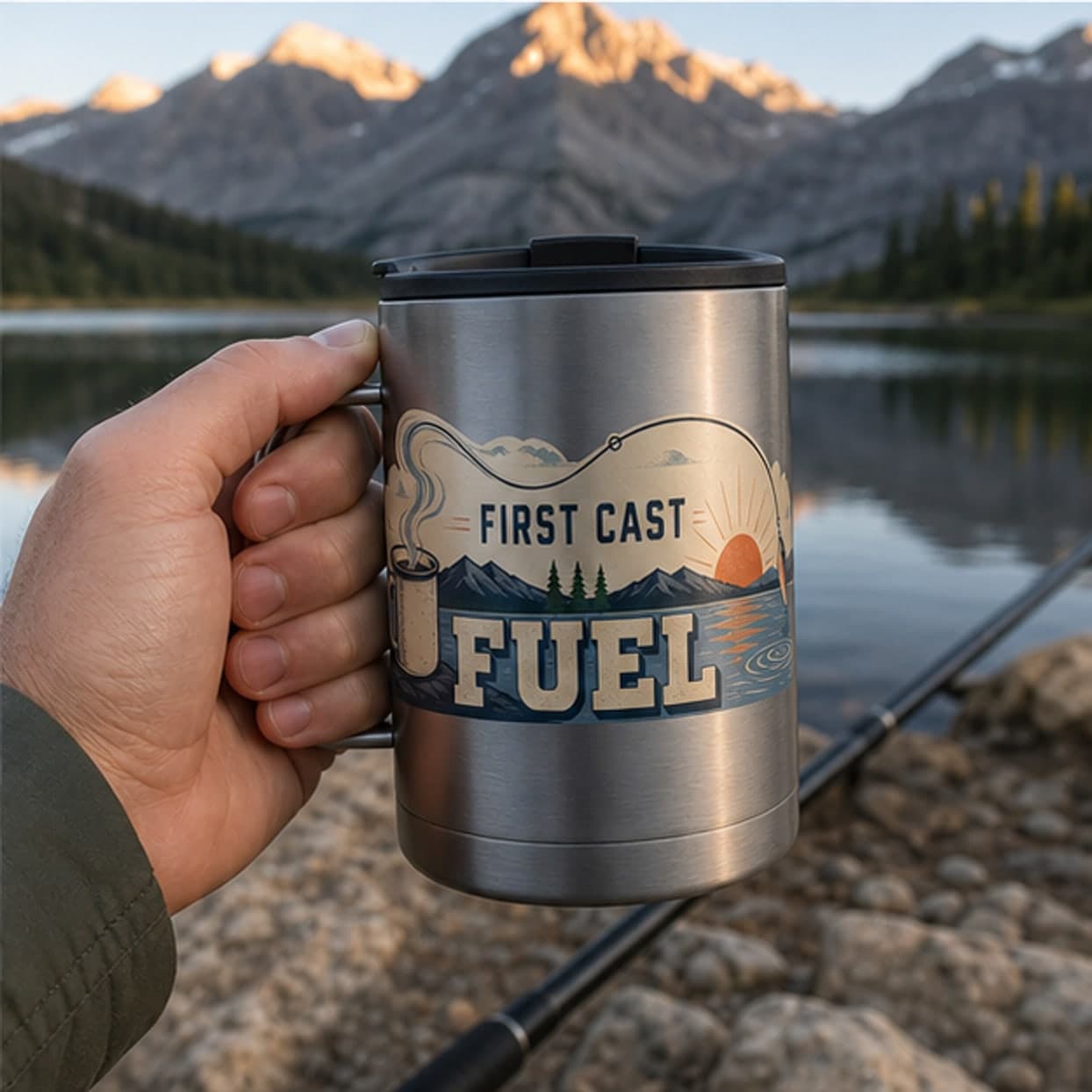 Fishing coffee travel mug held at a mountain lake