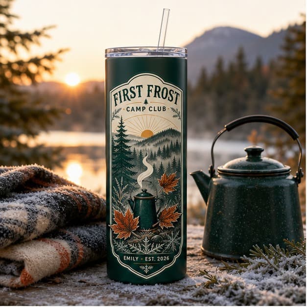 First Frost Camp Club personalized tumbler at a frosty autumn campsite