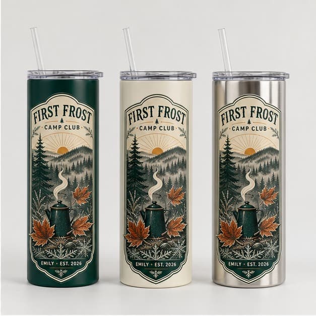 Spruce cream and stainless First Frost camping tumbler colors