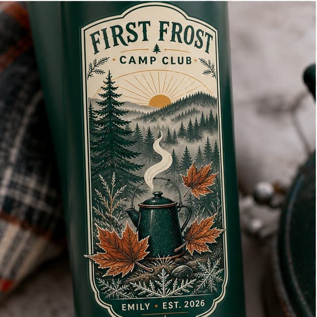 Close-up of personalized name and first frost camping artwork