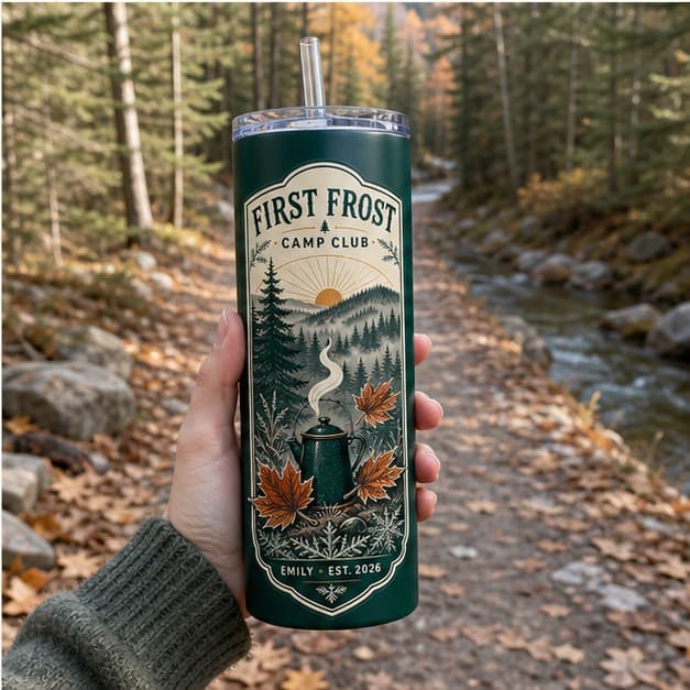 Personalized autumn camping tumbler on a forest trail