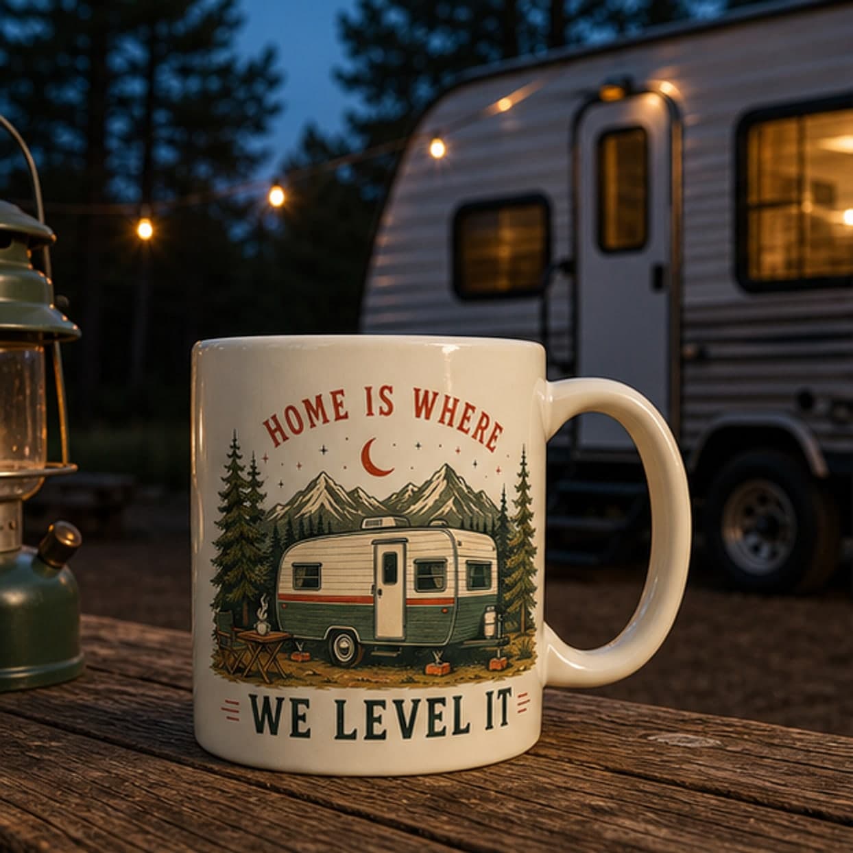Home Is Where We Level It ceramic mug at an RV campsite